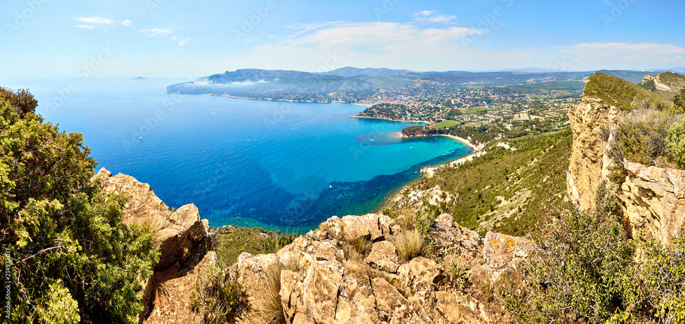 panoramic View of Cassis town, Route des Cretes mountain road, Provence, France