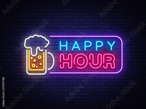 Happy Hour neon banner vector design template. Happy Hour neon text, light banner design element colorful modern design trend, night bright advertising, bright sign. Vector illustration