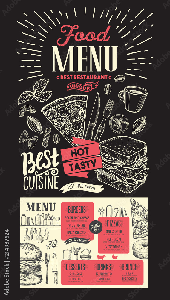 Food menu for restaurant. Vector template on chalkboard background. Design flyer with vintage hand-drawn illustrations.