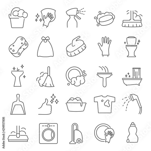 Cleaning line icons set for web and mobile design