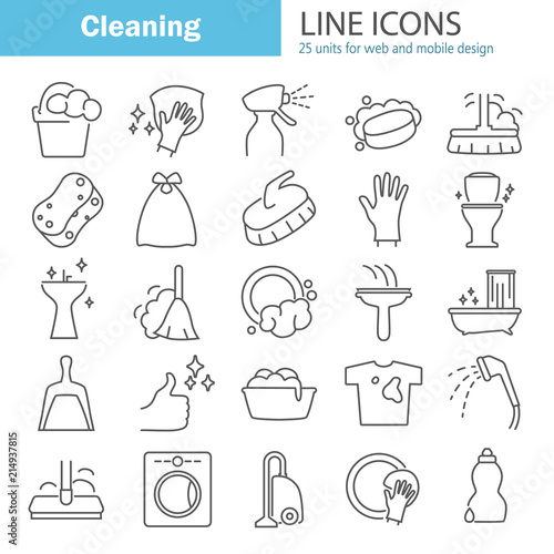 Cleaning line icons set for web and mobile design