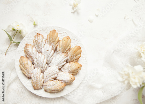 Homemade French cookies (cakes) Madeleine with jasmine tea on white background with fresh syringa floweres