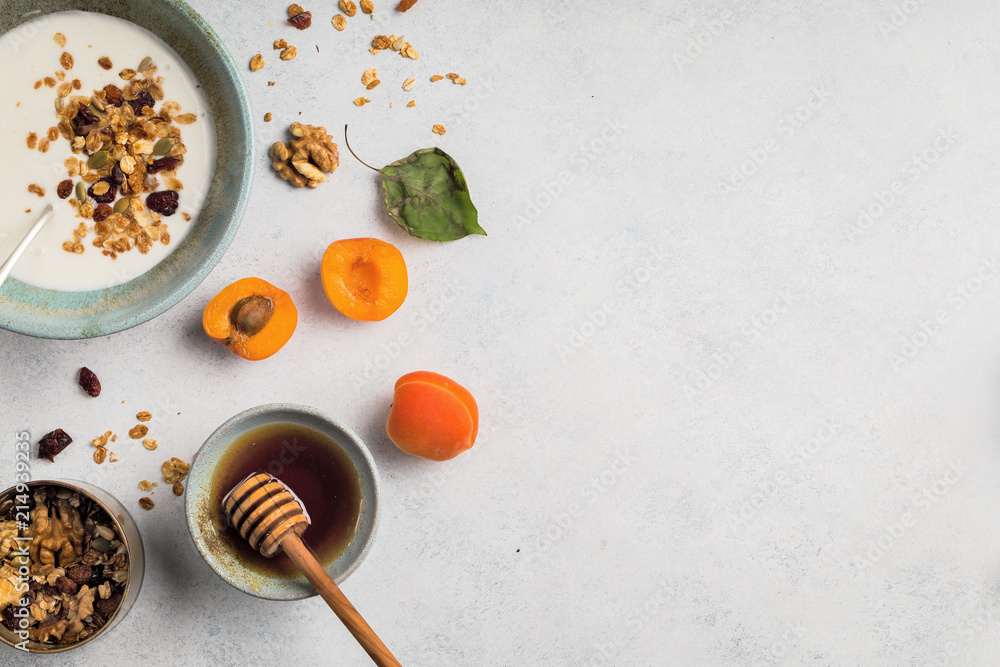 ealthy breakfast. Yogurt with granola and apricots ealthy breakfast. Yogurt with granola and apricots