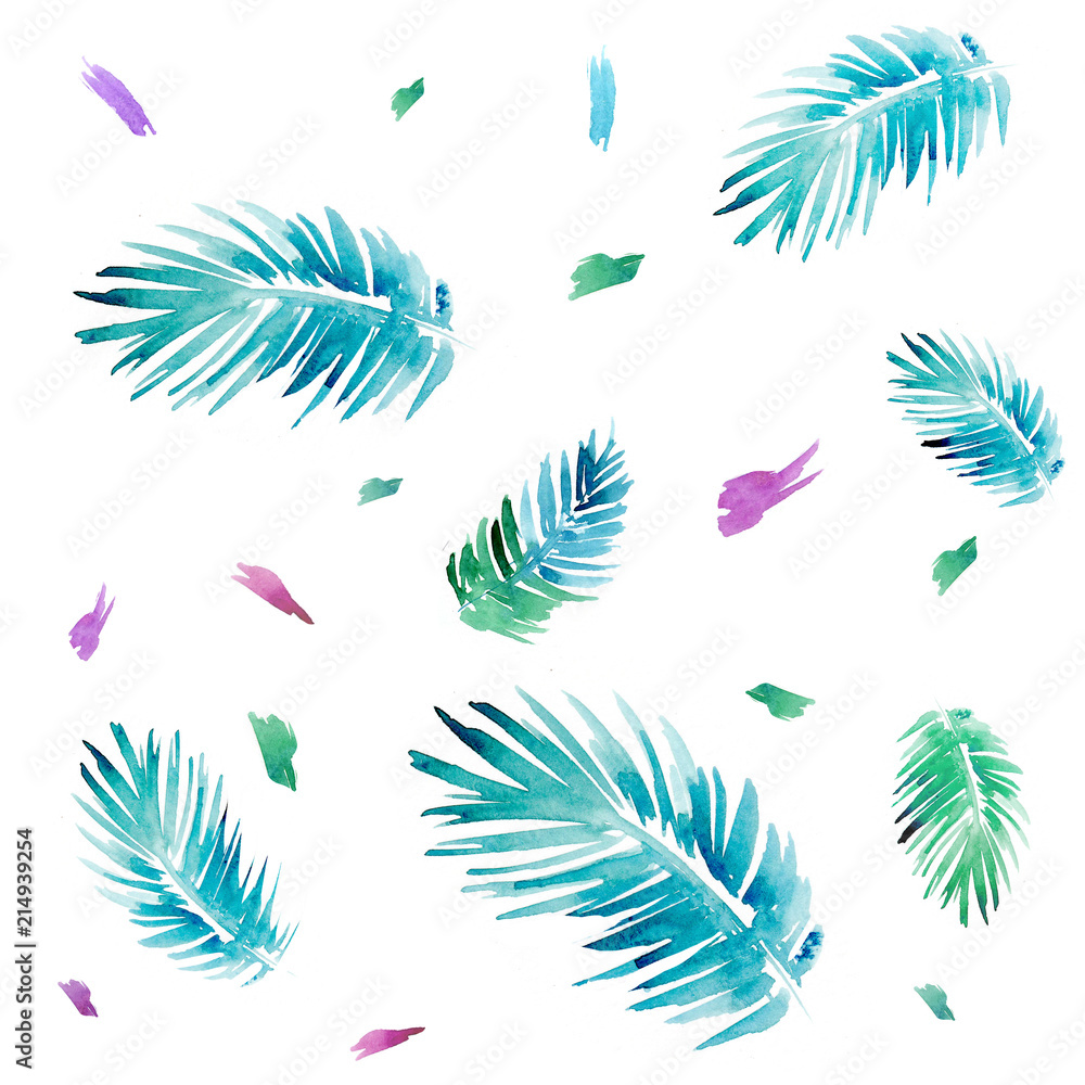Seamless pattern with palm trees and tropical leaves. Watercolor illustration Seamless pattern with palm trees and tropical leaves. Watercolor illustration