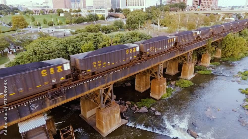 Still, aerial shot of a cargo train moving along a bridge over the water, with the surrounding greenery and city behind it.