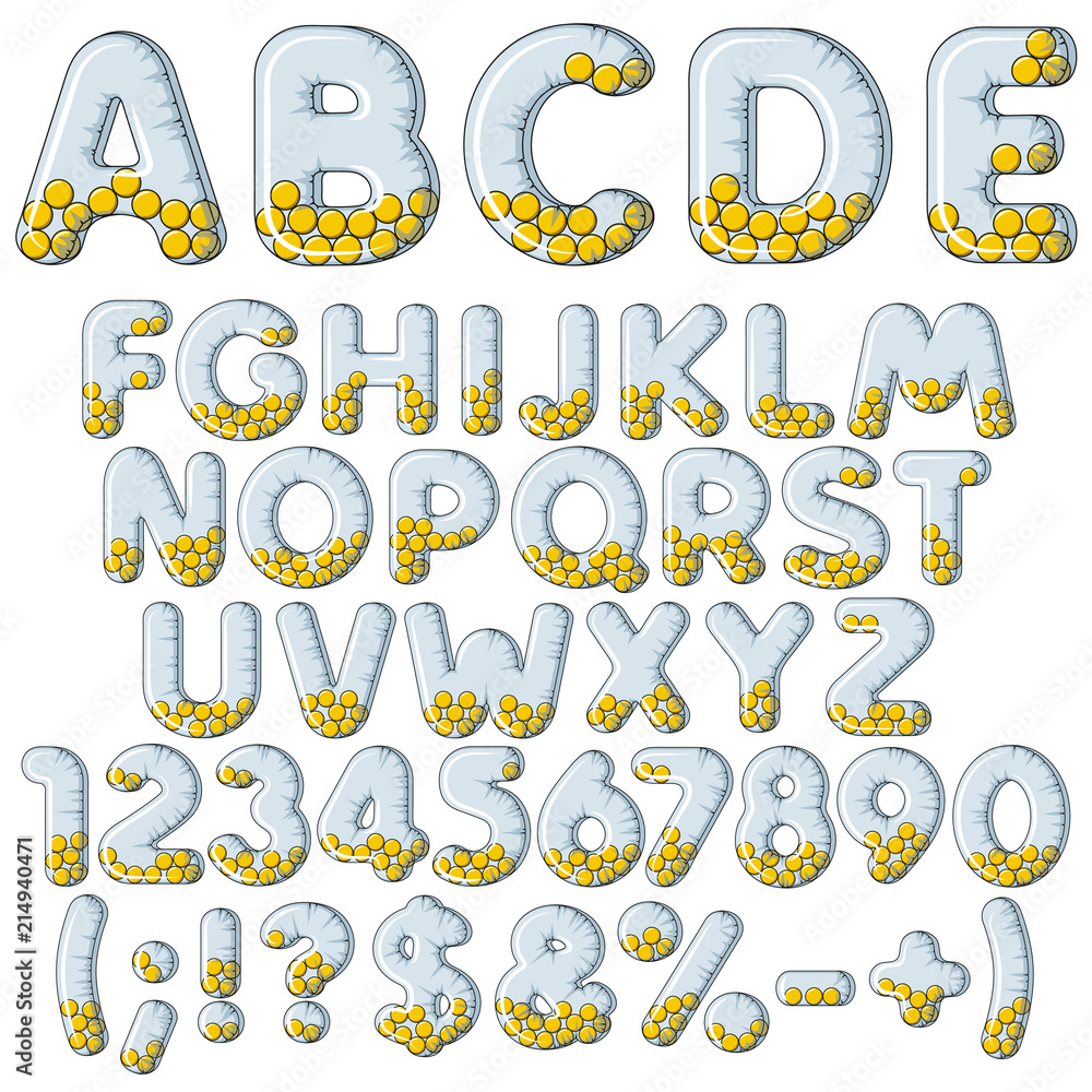Inflatable alphabet, letters, numbers and signs with balls. Set of colored vector isolated objects on white background.