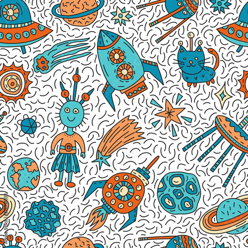 Seamless pattern with funny cartoon space elements