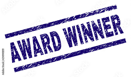AWARD WINNER seal print with grunge style. Blue vector rubber print of AWARD WINNER text with unclean texture. Text label is placed between parallel lines.