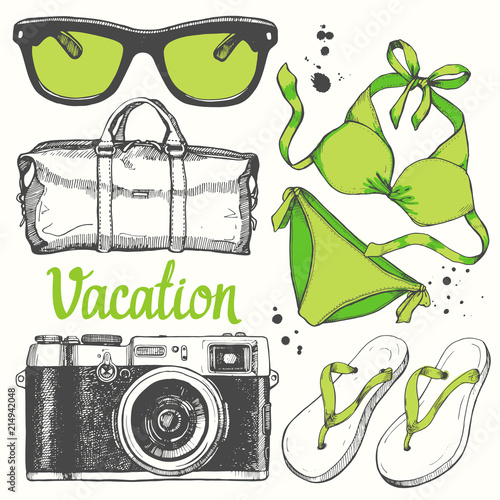 Holiday hand-drawn set with sunglasses, swimsuit, flip flops, camera, bags. Vector illustration in sketch style on white background. Brush calligraphy elements. Handwritten ink lettering.