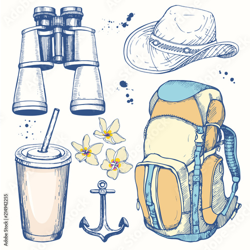 Travel hand-drawn set with backpack, hat, plastic cup, binoculars. Vector illustration in sketch style on white background. Brush calligraphy elements for your design. Handwritten ink lettering.