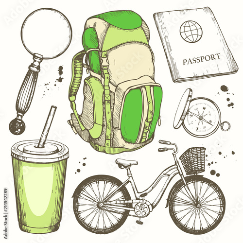 Travel hand-drawn set with backpack, magnifier, bicycle, plastic cup, passport, compass. Vector illustration in sketch style on white background. Brush calligraphy elements. Handwritten ink lettering.