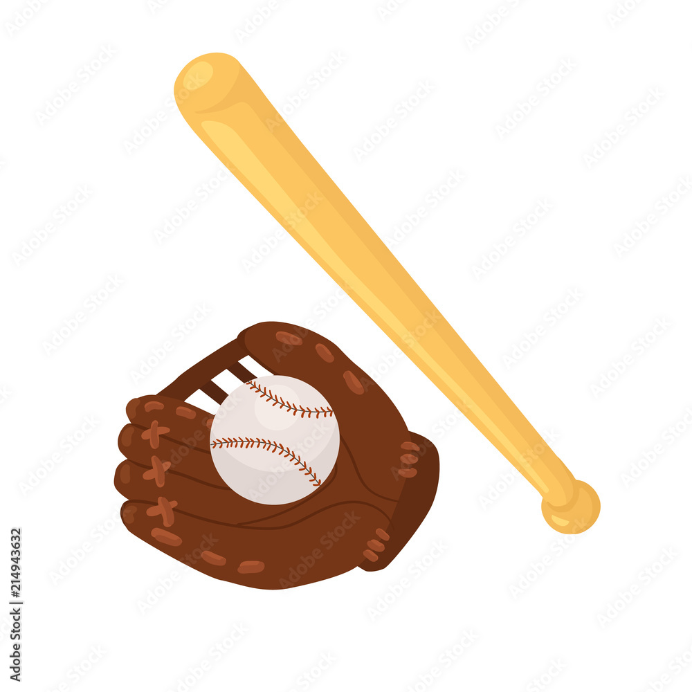 Hand drawn baseball accessories isolated on white background. Baseball glove, bat and ball