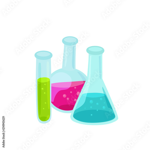 Hand drawn flasks and test tube isolated on white background. Glass beaker vector illustration.