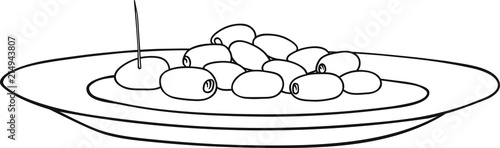 Hand Drawn Doodle Sketch Line Art Vector Illustration of Olives in Brine on Plate. Snack Menu Bar Poster Card Decoration Black Outline Design Element Template