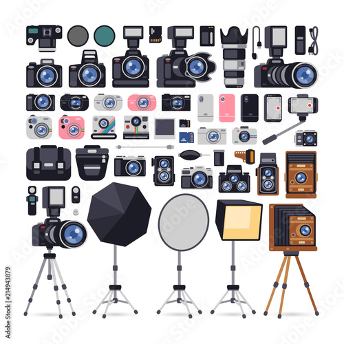 Photographer Equipment Icons in Flat Style