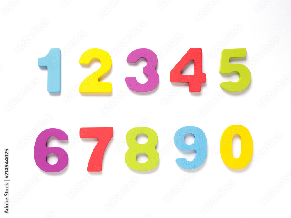 Colorful wooden numbers on white background, Number set zero to nine, top view