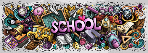 Cartoon cute doodles School word. Colorful illustration