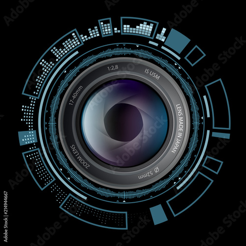 Camera photo lens with HUD interface. Stock vector illustration. photo