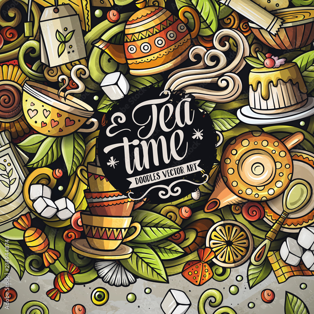 Cartoon vector doodles Tea time frame