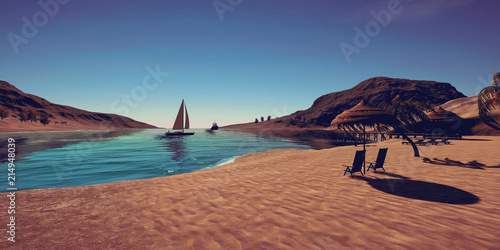 Extremely detailed and realistic high resolution 3D illustration of sailing boat at a tropical island doing luxury vacation photo