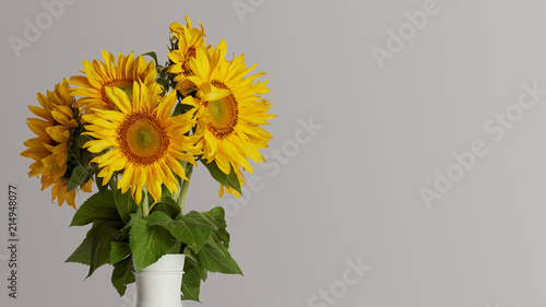 bouquet of beautiful yellow sunflowers in vase, isolated on grey