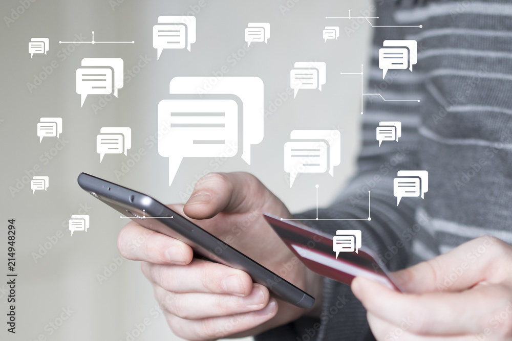 Businessman on phone sends a message to your credit card. Businessman on phone sends a message to your credit card.