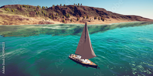 Extremely detailed and realistic high resolution 3D illustration of sailing boat at a tropical island doing luxury vacation