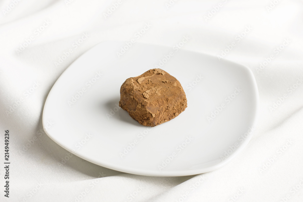 Handmade raw food candy truffle in cocoa on white platter Handmade raw food candy truffle in cocoa on white platter