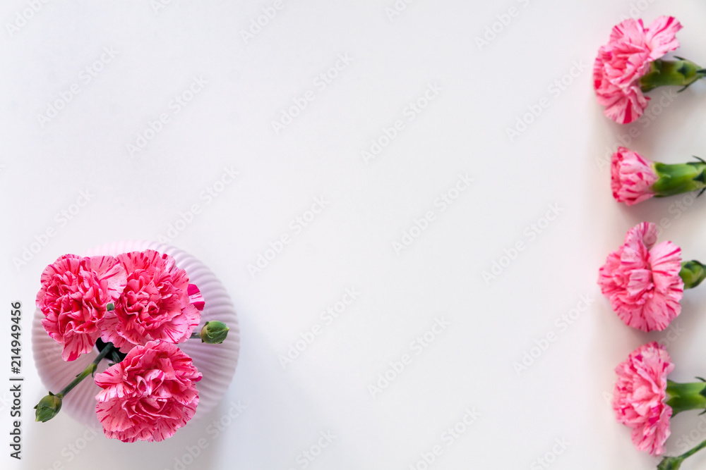 Fotografie White copy space with pink carnations and a vase