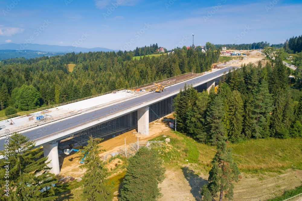 Aerial drone view on viaduct under construction