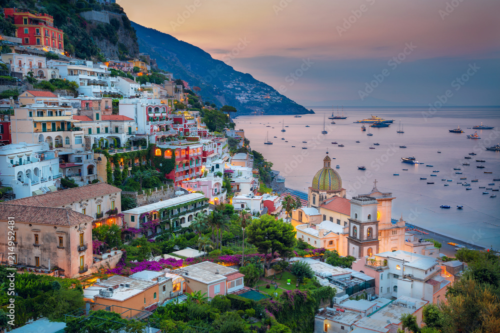 Positano. Aerial image of famous city Positano located on Amalfi Coast, Italy during sunrise.
