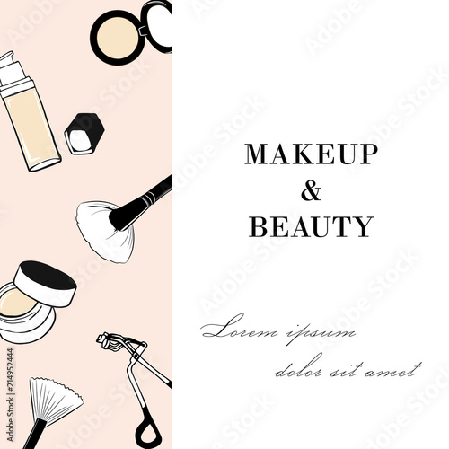 Makeup & beauty Cosmetics product poster. Makeup accessories set. Cosmetics promotion flyer with place your text. Brushes, foundation, powder, blush, eyelash curling, concealer. For beauty salon, shop