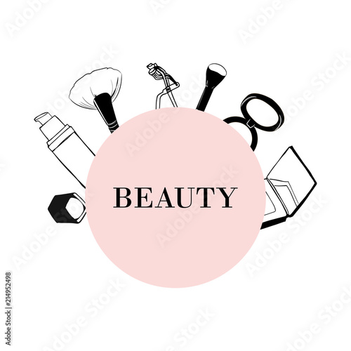 Make up beauty background. Poster template with face cosmetic products and tools, pink circle field for text. Powder concealer tube, blush, eyelash curling, concealer, eye shadow. Sale, offer banner.
