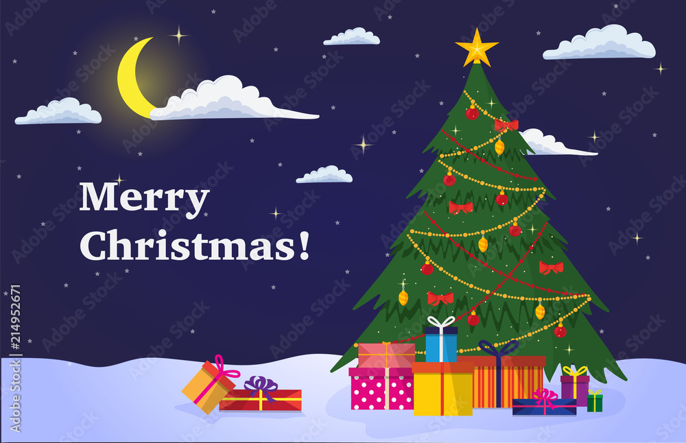 Naklejka premium Merry Christmas card template with christmas tree illustration. New Year night landscape with christmas tree with decorations, with starry sky with clouds and crescent moon