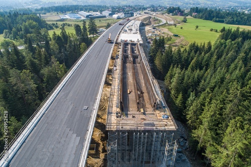 Aerial drone view on viaduct under construction