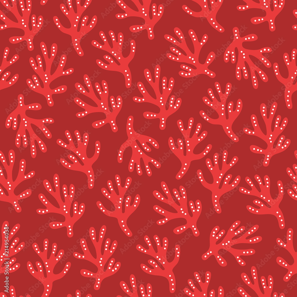 Ocean seamless pattern with corals on red background