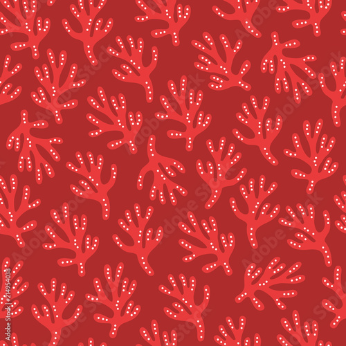 Ocean seamless pattern with corals on red background
