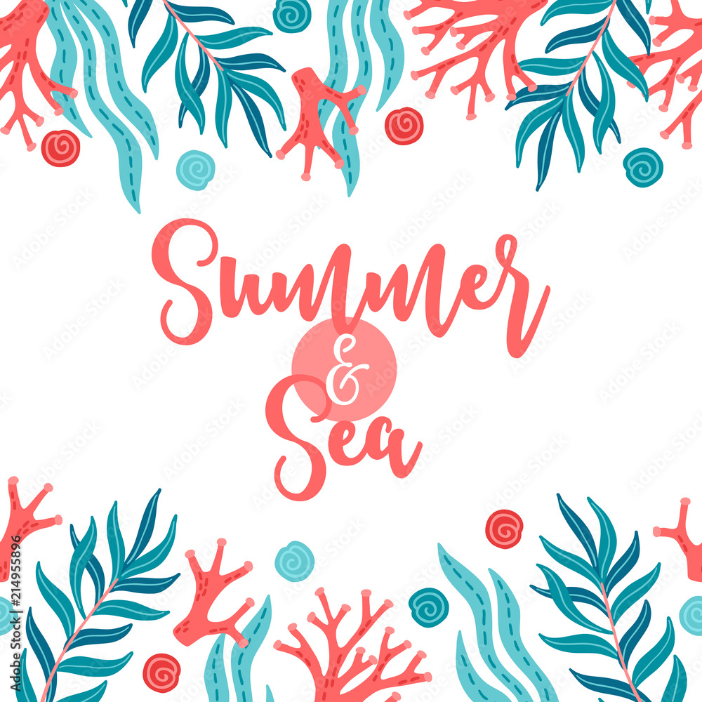 Obraz premium Ocean greeting card with seamless border - coral, seaweed, shells