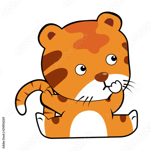 Fototapeta Naklejka Na Ścianę i Meble -  Tiger in cartoon style. Cute baby tiger cartoon. Cartoon baby tiger isolated on white background. All in a single layer. Vector illustration. Elements for design.