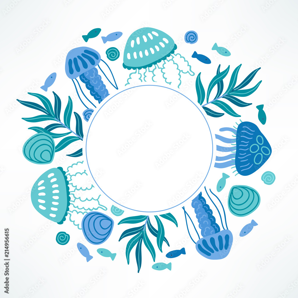 Fototapeta premium Ocean greeting card with seaweed, fish, shell, jellyfish