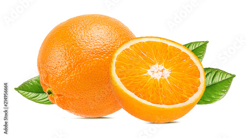 Juicy oranges with leaves isolated on white background with clipping path