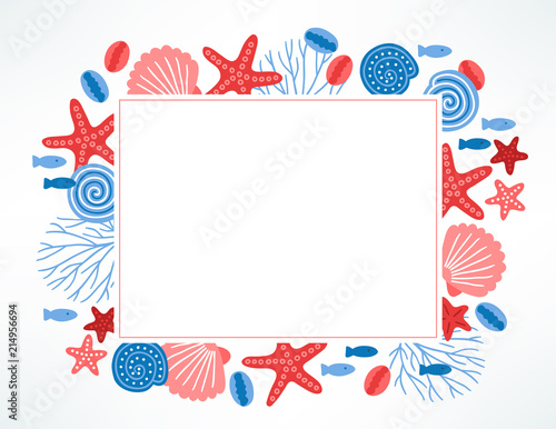 Ocean greeting card with shell, fish, starfish, coral