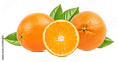 Juicy oranges with leaves isolated on white background with clipping path