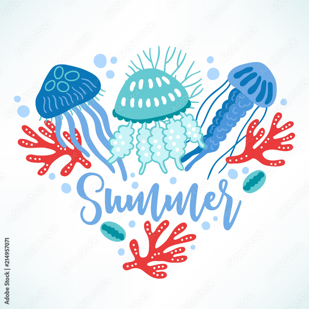Fototapeta premium Ocean greeting card with corals, jellyfish, shell, bubbles