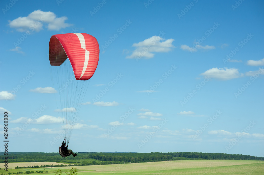 Obraz premium Paragliding over the green field in summer sunny day. One paraglider fly over green field near Dnister river in Ukraine.