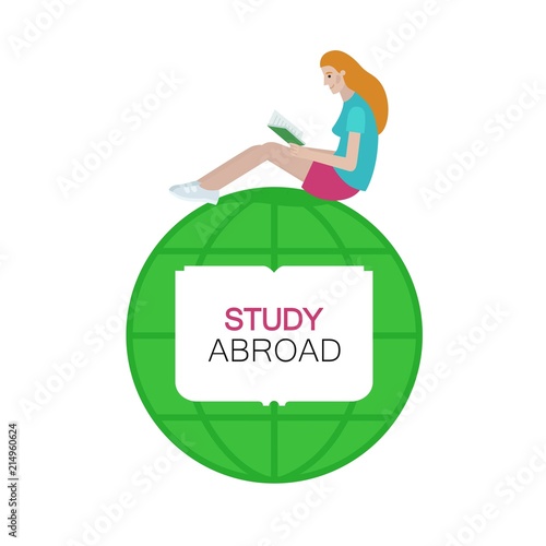 Girl reading a book sitting on the globe - vector flat style illustration with place for your text - study abroad concept.