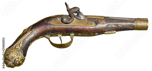 Tableau sur toile Old vintage firelock gun isolated on white background