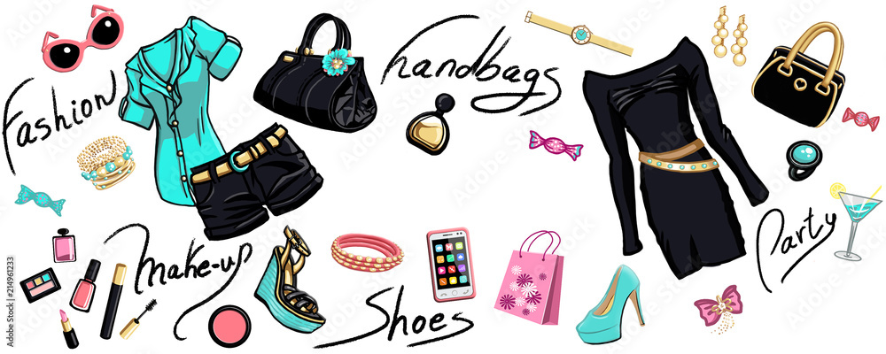 © cabado - Banner o set de artículos, complementos y palabras sobre moda, con pequeño espacio central para texto, logo o marca sobre fondo blanco. Ilustración con dibujos en formato alargado, tipo taza mug.
