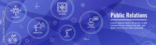 Public Relations Web Header Banner and Icon Set with brand awareness, strategy, and promotion