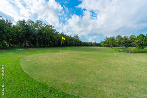 Landscape of golf field WITH blue sky clouds. view nature landscape of beautyful golf course.